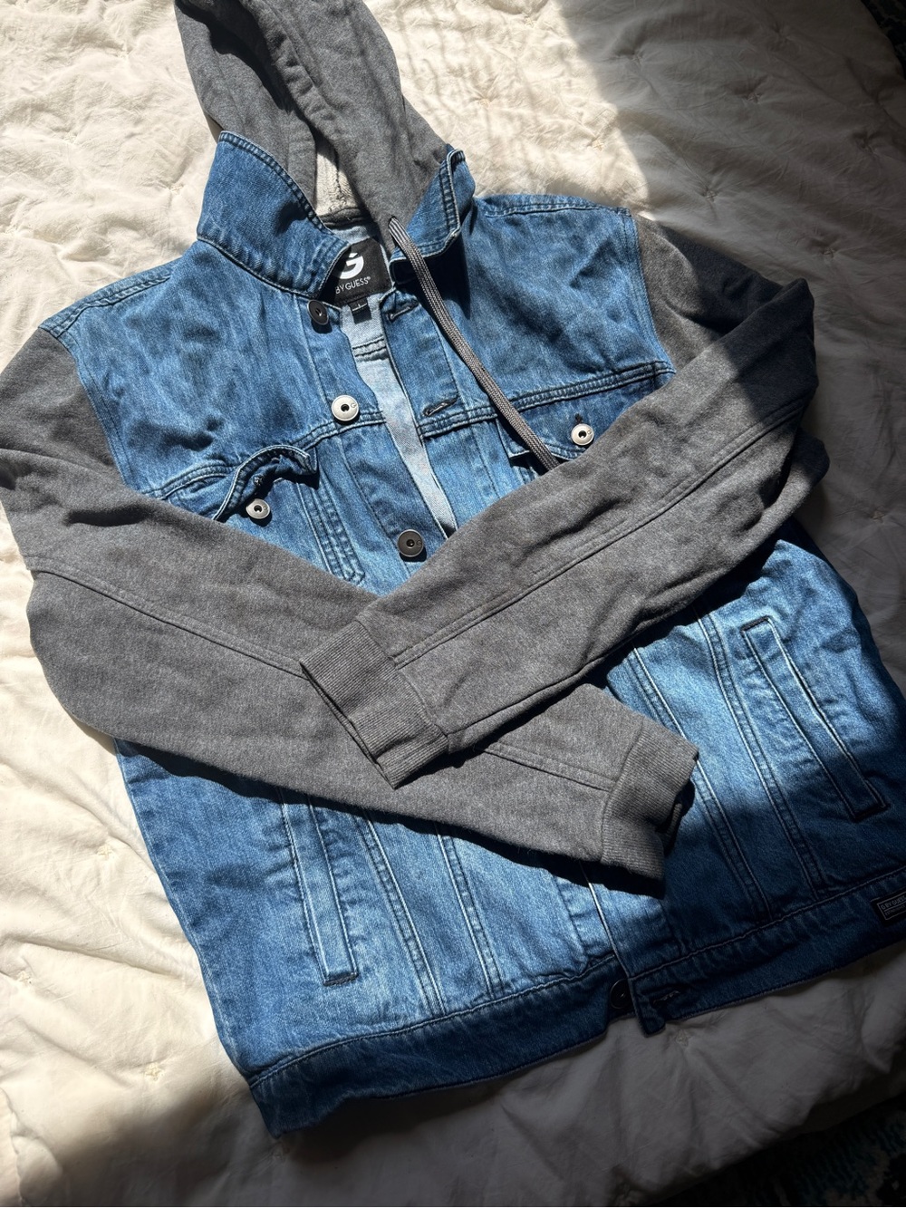 G by Guess Blue Denim Jacket with Gray Hoodie Sleeves